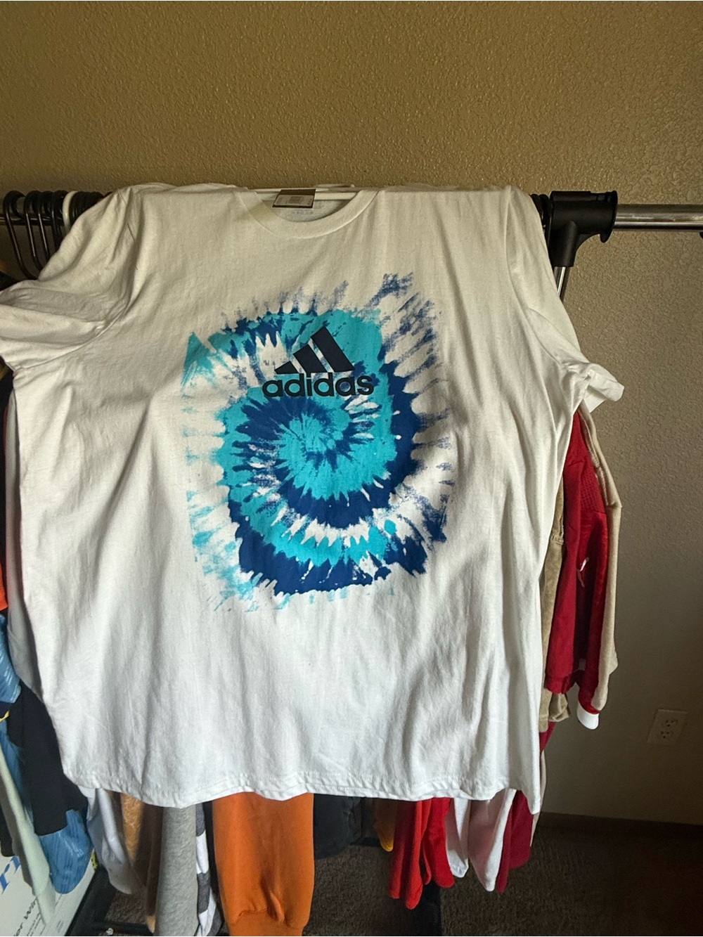 adidas White T-Shirt with Blue Tie-Dye Spiral Logo